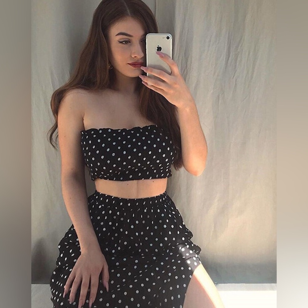 SHEIN Polka Dot Shirred Bandeau Top & Maxi Skirt Set